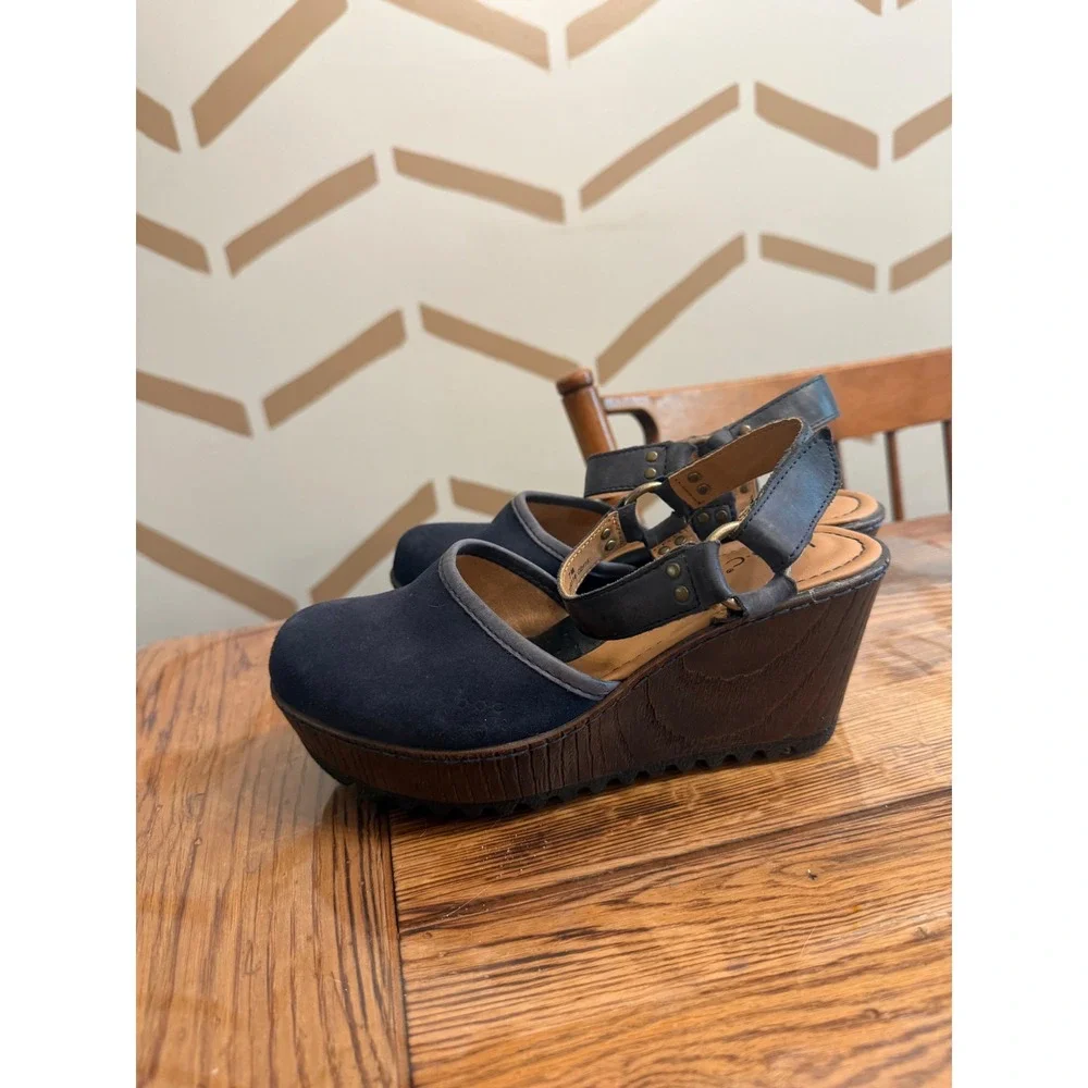 BOC Wedge Sandals Womens Size 7 Navy Blue Leather Slingback Platform Z39134